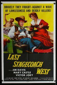 5e399 LAST STAGECOACH WEST 1sh '57 art of Jim Davis & Mary Castle w/guns on runaway stagecoach!