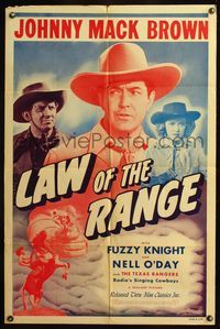5e403 LAW OF THE RANGE 1sh R48 great close up of Johnny Mack Brown with gun & on horse!