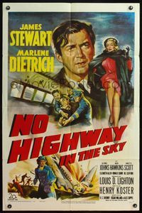 5e487 NO HIGHWAY IN THE SKY 1sh '51 art of James Stewart being restrained, sexy Marlene Dietrich!