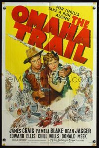 5e521 OMAHA TRAIL 1sh '42 artwork of cowboy James Craig & Pamela Blake, wagon train attack!