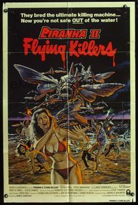 5e548 PIRANHA 2 THE SPAWNING int'l 1sh 1982 great Bob Larkin horror art of sexy girl & killer fish!