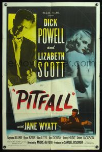 5e549 PITFALL 1sh '48 close-ups of Dick Powell, sexy Lizabeth Scott, film noir!