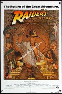 5e575 RAIDERS OF THE LOST ARK 1sh R82 great art of adventurer Harrison Ford by Richard Amsel!