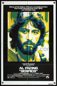 5e637 SERPICO 1sh '74 cool close up image of Al Pacino, Sidney Lumet crime classic!