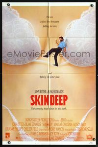 5e676 SKIN DEEP 1sh '89 Blake Edwards, wacky sexy artwork of John Ritter walking on bra!