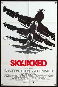 5e683 SKYJACKED style A 1sh '72 Charlton Heston, Yvette Mimieux, cool art of Boeing 707 airplane!