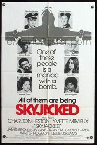 5e684 SKYJACKED style B 1sh '72 Charlton Heston, Yvette Mimieux, cool art of Boeing 707 airplane!