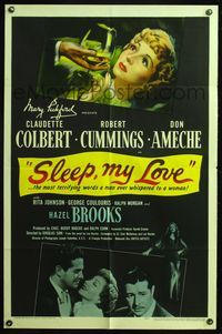 5e691 SLEEP MY LOVE 1sh '47 cool art of Claudette Colbert in glass, Robert Cummings, Don Ameche