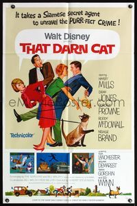 5e799 THAT DARN CAT style A 1sh '65 great art of Hayley Mills & Disney Siamese feline!