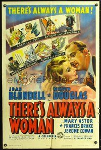 5e806 THERE'S ALWAYS A WOMAN style A 1sh '38 artwork of Joan Blondell & Melvyn Douglas!