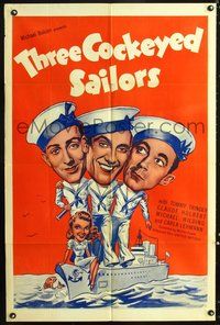 5e834 THREE COCKEYED SAILORS 1sh '41 English Navy, wacky art of Tommy Trinder, Claude Hulbert!