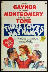 5e836 THREE LOVES HAS NANCY style D 1sh '38 directed by Richard Thorpe, Janet Gaynor!