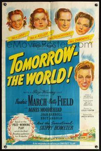 5e873 TOMORROW THE WORLD 1sh '44 Fredric March & Betty Field try to redeem Nazi youth Skip Homeier!