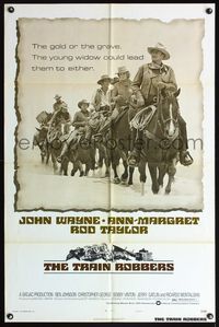 5e897 TRAIN ROBBERS style B 1sh '73 great image of cowboy John Wayne & Ann-Margret on horseback!