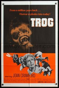 5e901 TROG 1sh '70 Joan Crawford & prehistoric monsters, wacky horror explodes into today!
