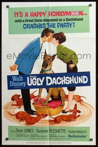5e922 UGLY DACHSHUND 1sh '66 Walt Disney, great art of Great Dane with wiener dogs!