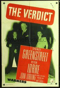 5e940 VERDICT 1sh '46 Peter Lorre pointing gun, Sydney Greenstreet, Joan Lorring!