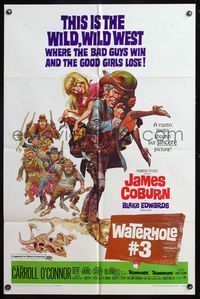 5e957 WATERHOLE #3 1sh '67 wacky Jack Davis art of James Coburn carrying Margaret Blye!