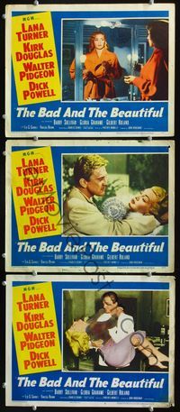 5g357 BAD & THE BEAUTIFUL 3 LCs '53 great image of Lana Turner in mirror, Kirk Douglas!