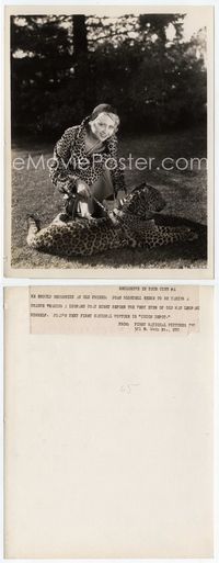 5j313 JOAN BLONDELL 8x10 still '32 outrageous image wearing leopard fur coat & petting leopard!