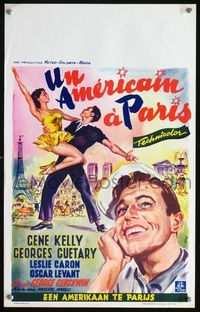 5k471 AMERICAN IN PARIS Belgian '51 wonderful Wik art of Gene Kelly dancing with Leslie Caron!