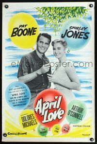 5k398 APRIL LOVE English double crown '57 image of Pat Boone & sexy Shirley Jones holding balloons!