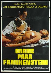 5k166 ANDY WARHOL'S FRANKENSTEIN South American poster '74 Paul Morrisey, Udo Kier with woman in lab