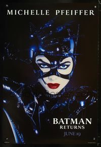 5m124 BATMAN RETURNS teaser Catwoman style 1sh '92 close-up of Michelle Pfeiffer as Catwoman!