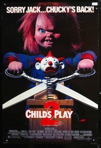 5m242 CHILD'S PLAY 2 DS 1sh '90 great image of Chucky cutting jack-in-the-box with scissors!