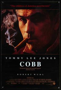 5m252 COBB DS 1sh '94 baseball, close-up of cigar smoking Tommy Lee Jones as Ty Cobb!