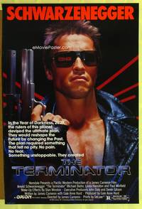 5m748 TERMINATOR 1sh '84 super close up of most classic cyborg Arnold Schwarzenegger with gun!