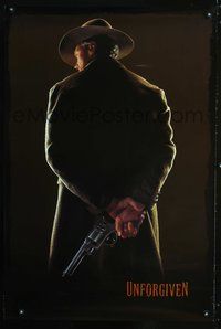 5m776 UNFORGIVEN Teaser 1sh '92 classic image of gunslinger Clint Eastwood with his back turned!