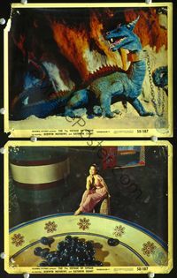 5o493 7th VOYAGE OF SINBAD 2 Eng/US color 8x10s '58 Harryhausen, images of blue dragon & tiny girl!
