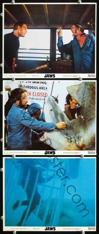 5o489 JAWS 3 8x10 mini LCs '75 Steven Spielberg, Scheider, Shaw, Dreyfuss & shark attacking!