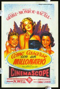 5o288 HOW TO MARRY A MILLIONAIRE Spanish herald '53 different art of Monroe, Grable & Bacall!