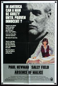 5p018 ABSENCE OF MALICE 1sh '81 Paul Newman, Sally Field, Sydney Pollack, cool design!