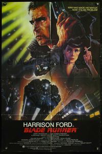 5p093 BLADE RUNNER int'l 1sh '82 Ridley Scott sci-fi classic, art of Harrison Ford by John Alvin!