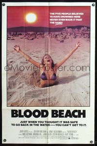5p098 BLOOD BEACH 1sh '81 classic Jaws parody image of sexy girl in bikini sinking in quicksand!