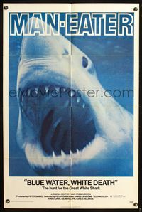 5p100 BLUE WATER, WHITE DEATH 1sh '71 cool super close image of great white shark with open mouth!