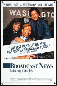 5p121 BROADCAST NEWS 1sh '87 great image of news team William Hurt, Holly Hunter & Albert Brooks!
