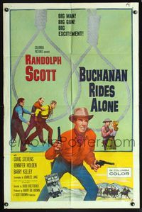 5p137 BUCHANAN RIDES ALONE 1sh '58 big Randolph Scott has a big gun, directed by Budd Boetticher