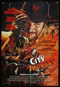 5p192 CITY SLICKERS advance 1sh '91 great artwork of cowboys Billy Crystal & Daniel Stern!