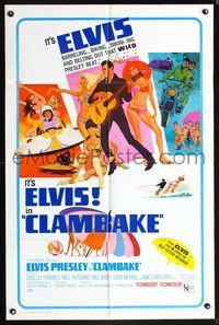 5p195 CLAMBAKE 1sh '67 cool art of Elvis Presley in speed boat with sexy babes, rock & roll!