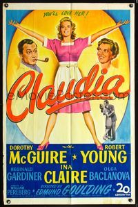 5p204 CLAUDIA 1sh '43 Brown art of full-length Dorothy McGuire, Robert Young & Ina Claire!