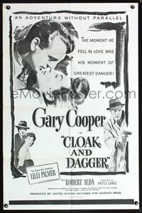 5p207 CLOAK & DAGGER 1sh R60s romantic close up of Gary Cooper & Lilli Palmer, Fritz Lang