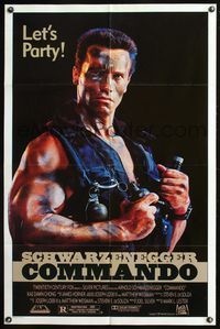 5p219 COMMANDO Let's Party 1sh '85 Arnold Schwarzenegger is going to make someone pay!
