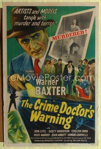 5p231 CRIME DOCTOR'S WARNING 1sh '45 artwork of detective Warner Baxter, John Litel!