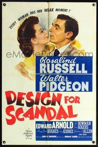 5p257 DESIGN FOR SCANDAL 1sh '41 artwork of Walter Pidgeon kissing Rosalind Russell!