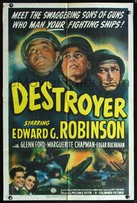 5p267 DESTROYER style A 1sh '43 Navy sailor Edward G. Robinson in WWII, art of crashing ships!