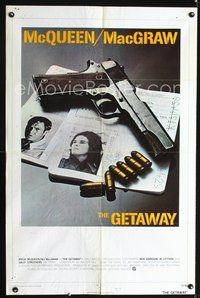 5p353 GETAWAY 1sh '72 Steve McQueen, Ali McGraw, Sam Peckinpah, cool gun image!